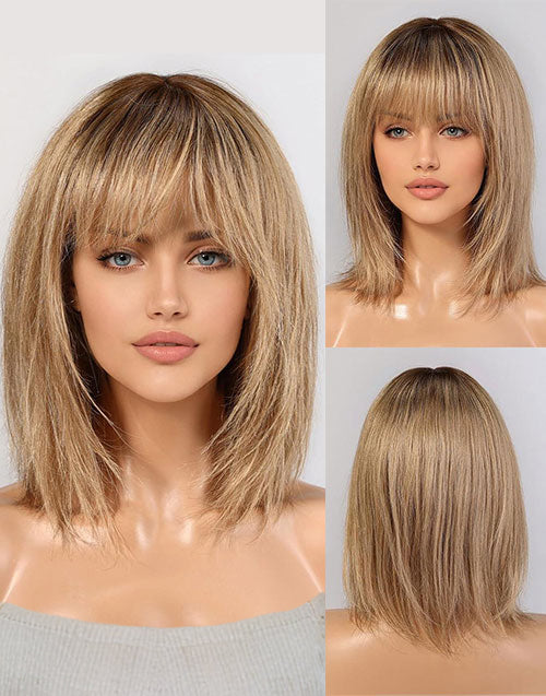Ayla-Layered Ombre Ash Blonde Bob Wig With Bangs 4X4 Lace Closure Wig
