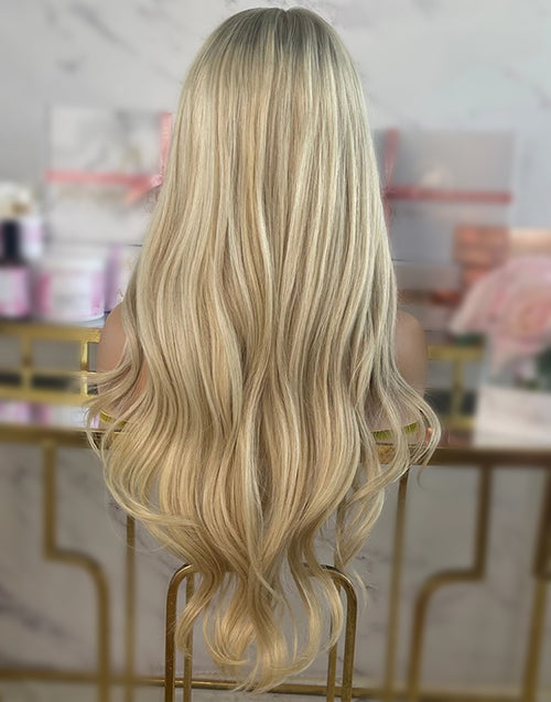 14" Highlight Blonde Wavy 13x6 Wig With Light Ash Roots