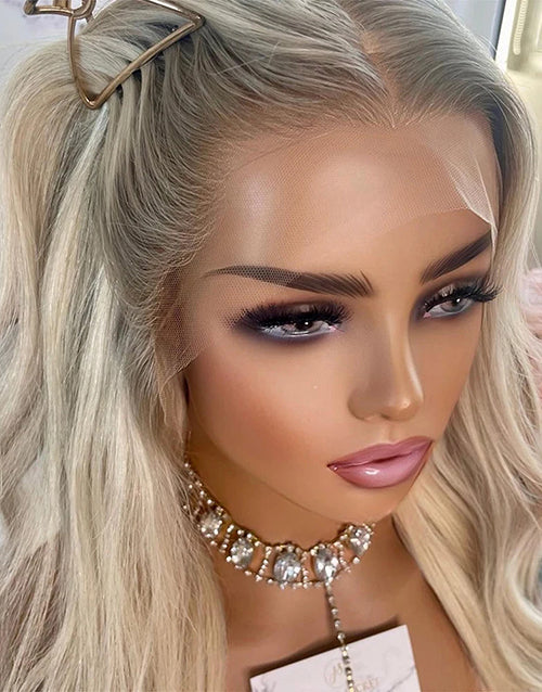14" Highlight Blonde Wavy 13x6 Wig With Light Ash Roots