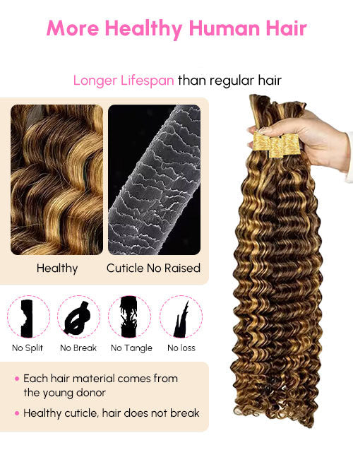 Highlight Honey Brown Deep Wave Hair Bulk Braiding Hair for Human Hair Extensions for Micro braiding No Weft 12A