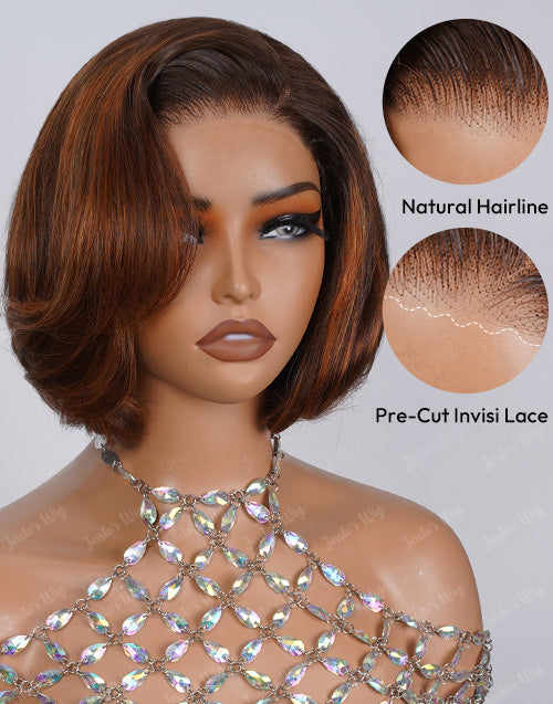 Isolde- Shiny Highlight Ginger With Brown Layered Bob Glueless Pull Go Wig With Brown Roots 6x5 Pre-Cut Lace