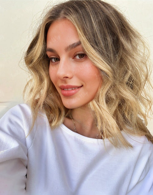 12" Highlight Blonde Beachy Wave 13x6 Lace Frontal Bob Wig Flash Deal