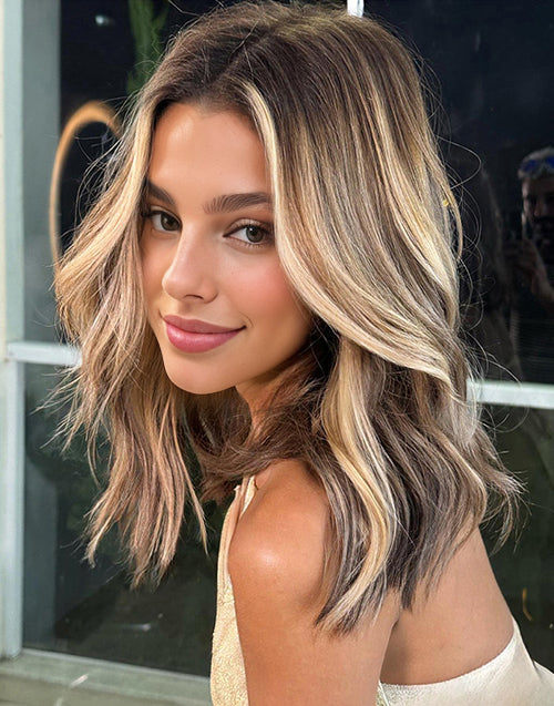 Harper-Sunkissed Blonde Shoulder Length 13x4 Lace Frontal Bob Wavy Human Hair Wig