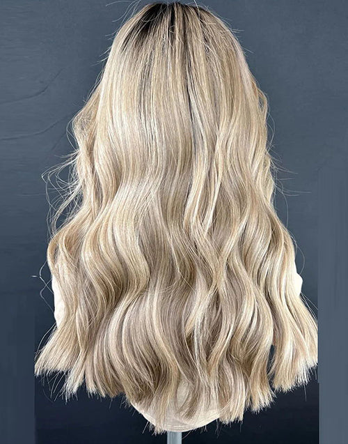 Cety-Custom Made Lovely Curtain Bang Highlights Warmth Blonde Dark Roots Natural Wave 13x6 Lace Front Glueless Wig Human Hair