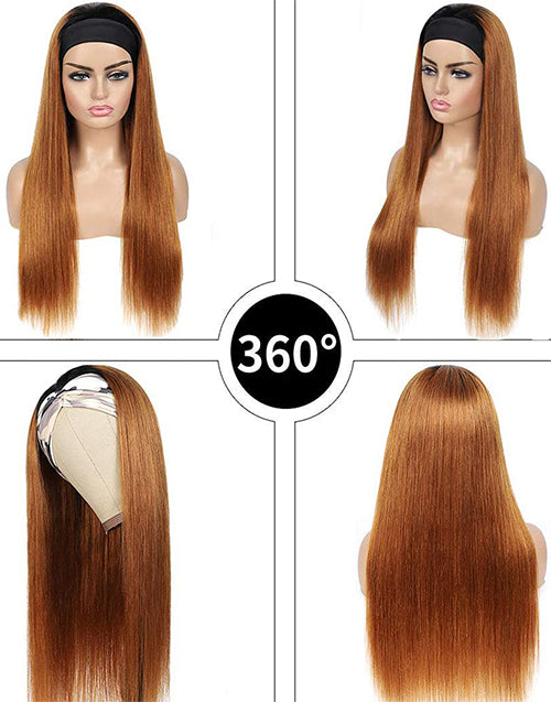 T1B/30 Straight Headband Wig Human Hair Beginner Friendly Wig Easily Do High Ponytail/Bun By Yourself