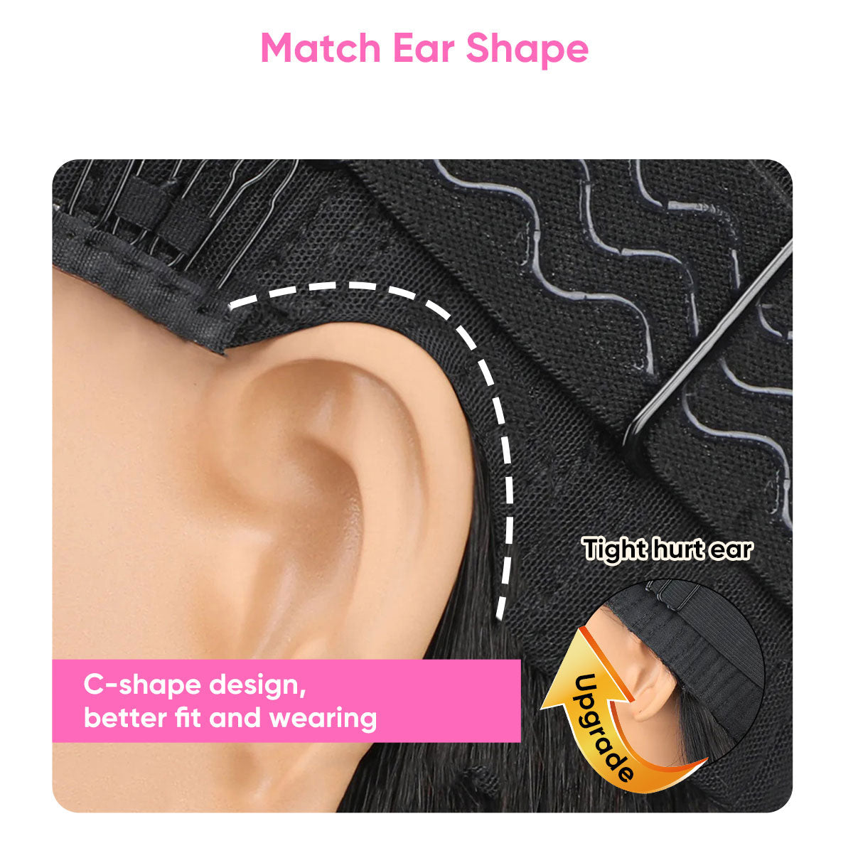 Close-up of an ear with a wig being fitted, highlighting the C-shape design for better fit.