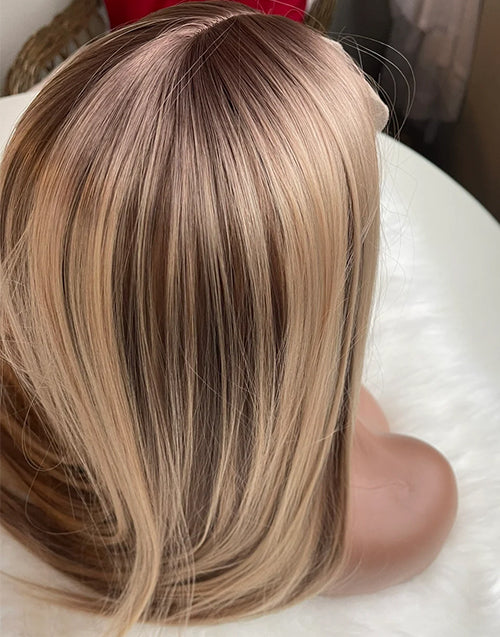 Smley-Natural Warm Blonde Combo Highlight 360 Lace Straight Preplucked Wig Full Lace Human Hair Wig