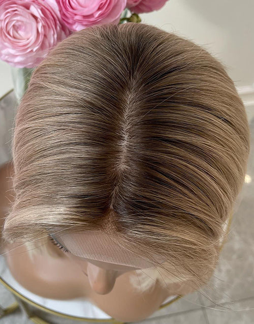 Falm-Mixed Light Bright Blonde Dark Roots Short Straight 13x6 Lace Frontal Bob Wig Glueless Wig Human Hair