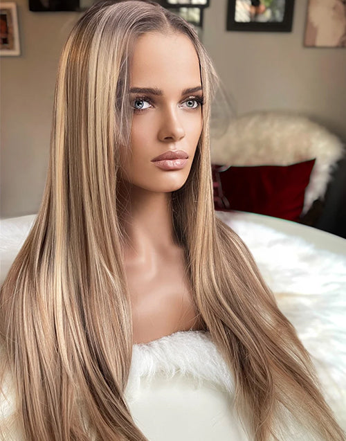 Smley-Natural Warm Blonde Combo Highlight 360 Lace Straight Preplucked Wig Full Lace Human Hair Wig