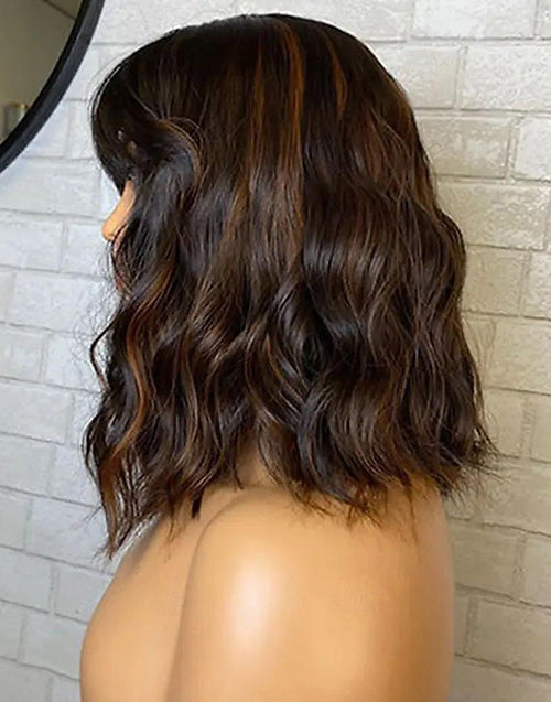 12" Brown Highlights Loose Wavy Wig With Bangs 6x5 Pre Cut Lace