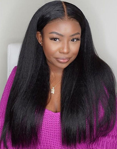 18" Kinky Straight Thin V Part Machinemade Wig No Leave-Out