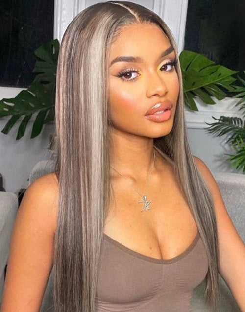14"Ombre Highlight Ash Blonde Mixed Color Straight 13x4 Lace Wig