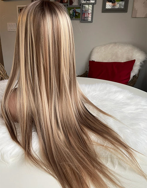 Smley-Natural Warm Blonde Combo Highlight 360 Lace Straight Preplucked Wig Full Lace Human Hair Wig