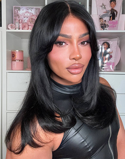 18" Curtain Bangs Wavy Layer Cut Pre Cut 4x4 Lace Wig