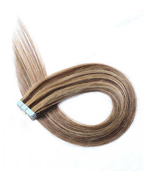 P4/27 Hair Tape Straight Human Hair Extensions Brown With Blonde Highlights