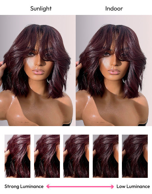 Pandora- Glueless Pull Go Wig 99J Red Wavy Short Blunt Cut Bob Style With Curtain Bangs For Women
