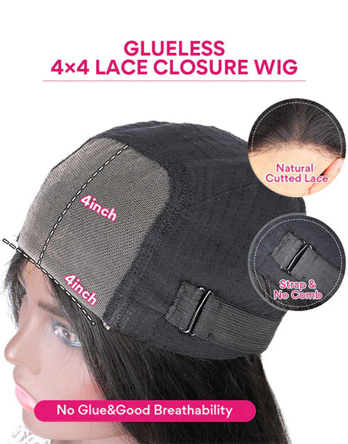 Glueless Straight 4x4 Pre Cut Lace Wig Bleached Knots Human Hair Super Deal