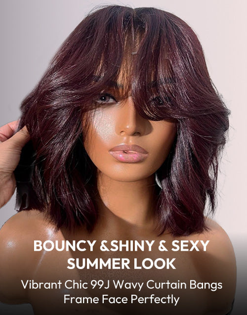 Pandora- Glueless Pull Go Wig 99J Red Wavy Short Blunt Cut Bob Style With Curtain Bangs For Women