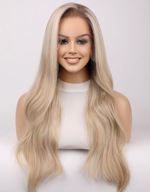 Allean- Luxury True-Hold Glueless Ponytail Lace Front Wig Ombre Grey Blonde Balayage Wavy Wig