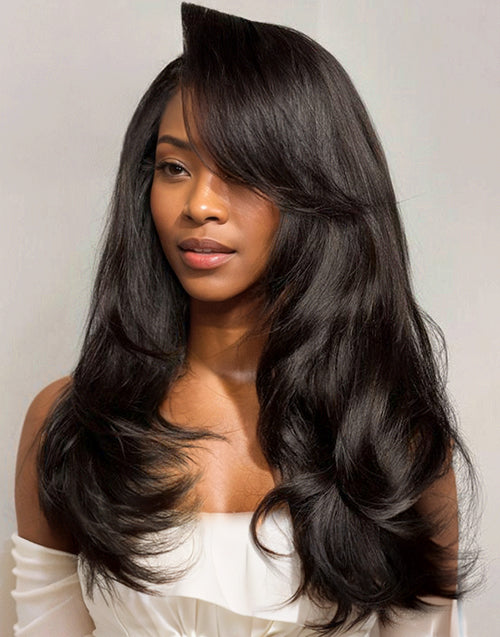 16" Side Bangs Wavy Layered Cut Pull Go Wig 6x5 Pre Cut Lace