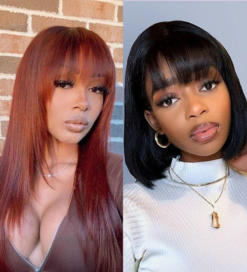 20" #33 Straight Layer 13x5 Pre Cut Lace Wig With Bangs+12" Bob Layer Straight 4x4 Lace Wig With Bangs