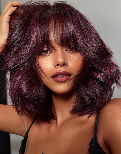 Pandora- Glueless Pull Go Wig 99J Red Wavy Short Blunt Cut Bob Style With Curtain Bangs For Women