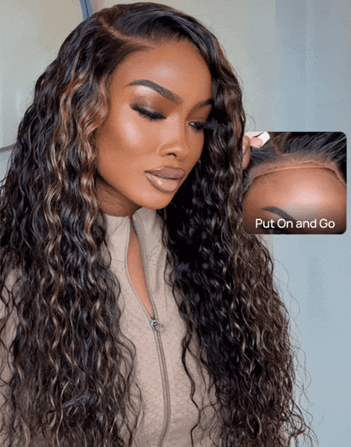 Ross- 13x5 Brown Highlight Wig Water Wave Pull Go Glueless Wig Pre Cut Lace