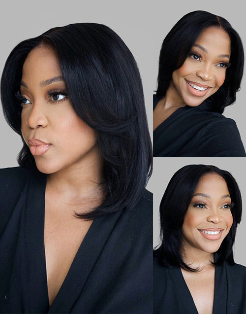 Yuri- 7X5 Glueless French Bob Wig With Curtain Bangs Layered Cut Bob Wig Pre Cut Lace(Ready To Ship)