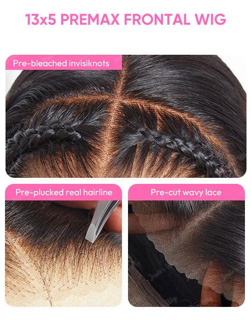 Close-up of a wig with pre-plucked real hairline and pre-cut wavy lace, labeled '13x5 Premax Frontal Wig'.