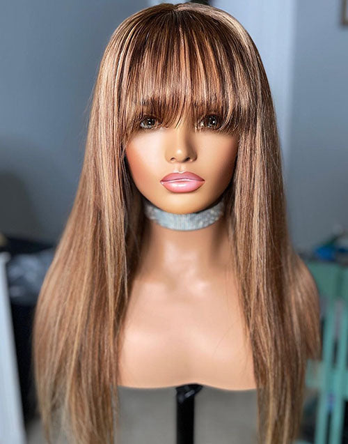 Doris- Highlight Brown Honey Blonde Straight Wig With Bangs Glueless Human Hair Wig With Fringe