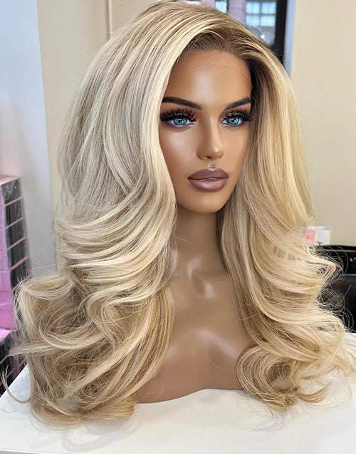 Wensy-Ombre Highlight Blonde Full Wavy 13x6 Lace Front Glueless Wig For Women Human Hair