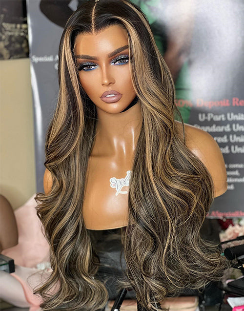 Eileen- Black With Honey Blonde Highlights Glueless Wavy 13x5 Pre Cut Lace Front Wig Piano Colored Human Hair Wig