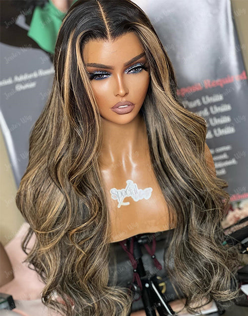 Eileen- Black With Honey Blonde Highlights Glueless Wavy 13x5 Pre Cut Lace Front Wig Piano Colored Human Hair Wig