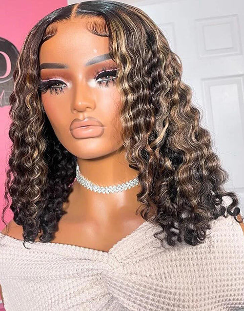 Melissa- Ombre Blonde Highlight With Dark Brown 13x5 Pre Everything Curly Bob Glueless Human Hair Wig