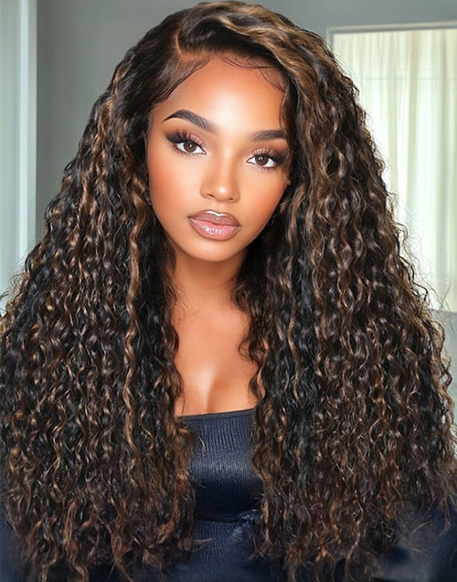 Ross- 13x5 Brown Highlight Wig Water Wave Pull Go Glueless Wig Pre Cut Lace