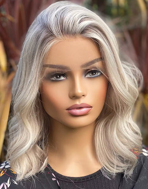 14" 16" Platinum Ash Blonde Wavy Bob Glueless Wig