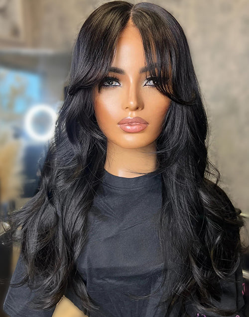 Wavy Layer Haircut Wig With Curtain Bangs Pre Cut Lace Glueless Human Hair Wig