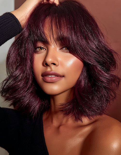 Pandora- Glueless Pull Go Wig 99J Red Wavy Short Blunt Cut Bob Style With Curtain Bangs For Women