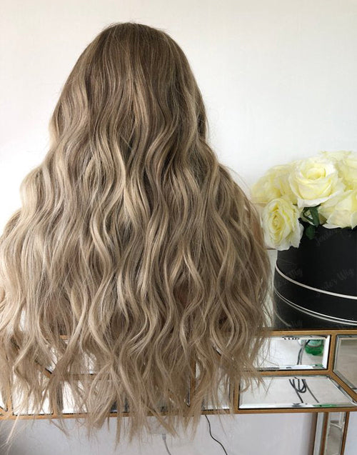 Joyce-Ombre Ash Blonde Long Wavy Wig 220% Density 360 Full Lace Frontal Human Hair Wig for Women