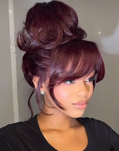 Ethel- Burgundy Colored Curtain Bangs Layered Wavy 13x5 Pre Everything Glueless Wig Easily Do High Bun by Yourself