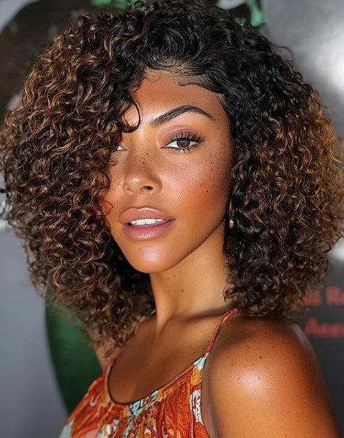 14" 16" Ombre Brown Curly Bob Layered Wig Glueless Wigs Pre Cut Lace