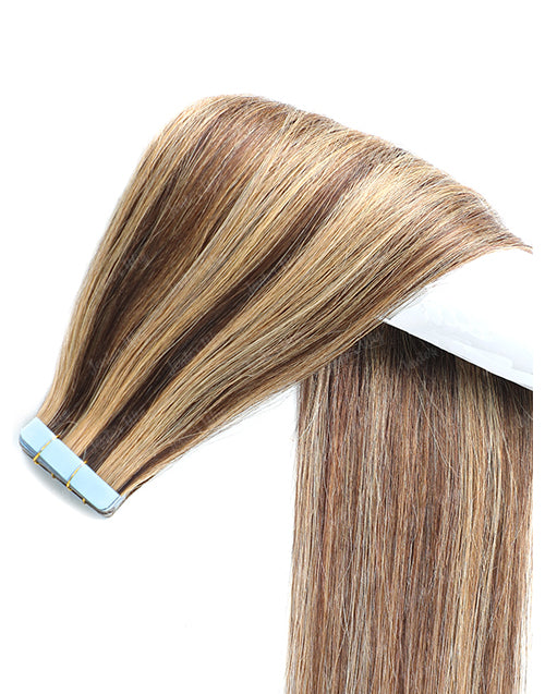 P4/27 Hair Tape Straight Human Hair Extensions Brown With Blonde Highlights