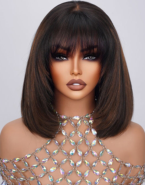 Pag- Glueless Pull Go Wig Brown Highlight Layered Haircut Silky Straight Bob With Bangs