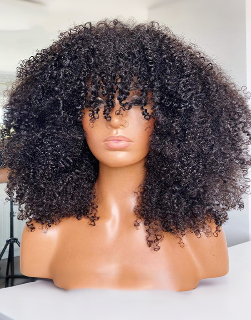 Glueless Pull Go Wigs Afro Kinky Curly With Bangs Wig
