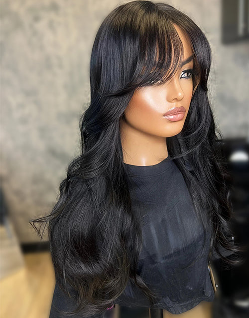 Wavy Layer Haircut Wig With Curtain Bangs Pre Cut Lace Glueless Human Hair Wig