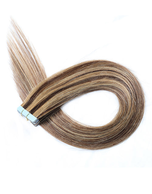 P4/27 Hair Tape Straight Human Hair Extensions Brown With Blonde Highlights