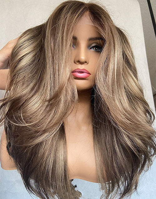 Fesy-Layered Wavy Mushroom Blonde Balayage Lace Front Wigs Shoulder Length Middle Part
