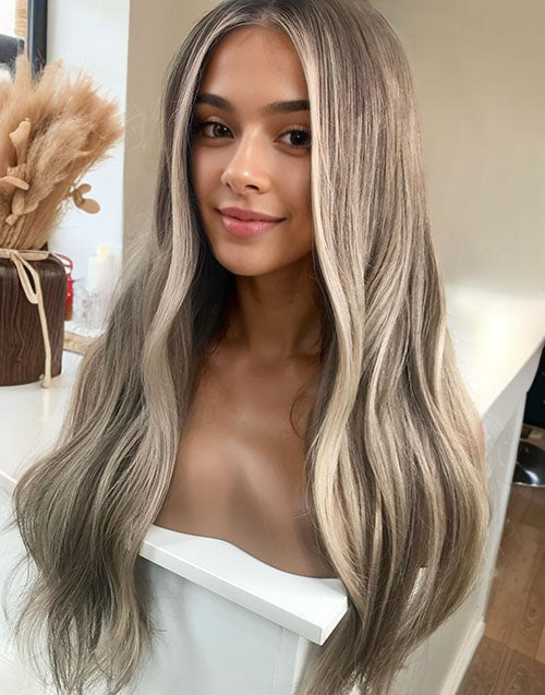 20" Dark Ash Blonde 13x4 Lace Wig Highlights Wigs Dark Roots