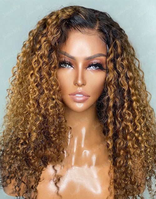 16" Ombre Honey Blonde Curly 4x4 Lace Glueless Wigs