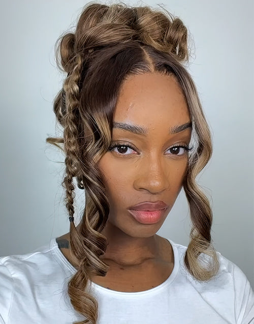 Invisi Strap Drawstring 360 Lace Wig Highlight Honey Brown Wavy Wig Do Updo/Bun/Braids Style By Yourself